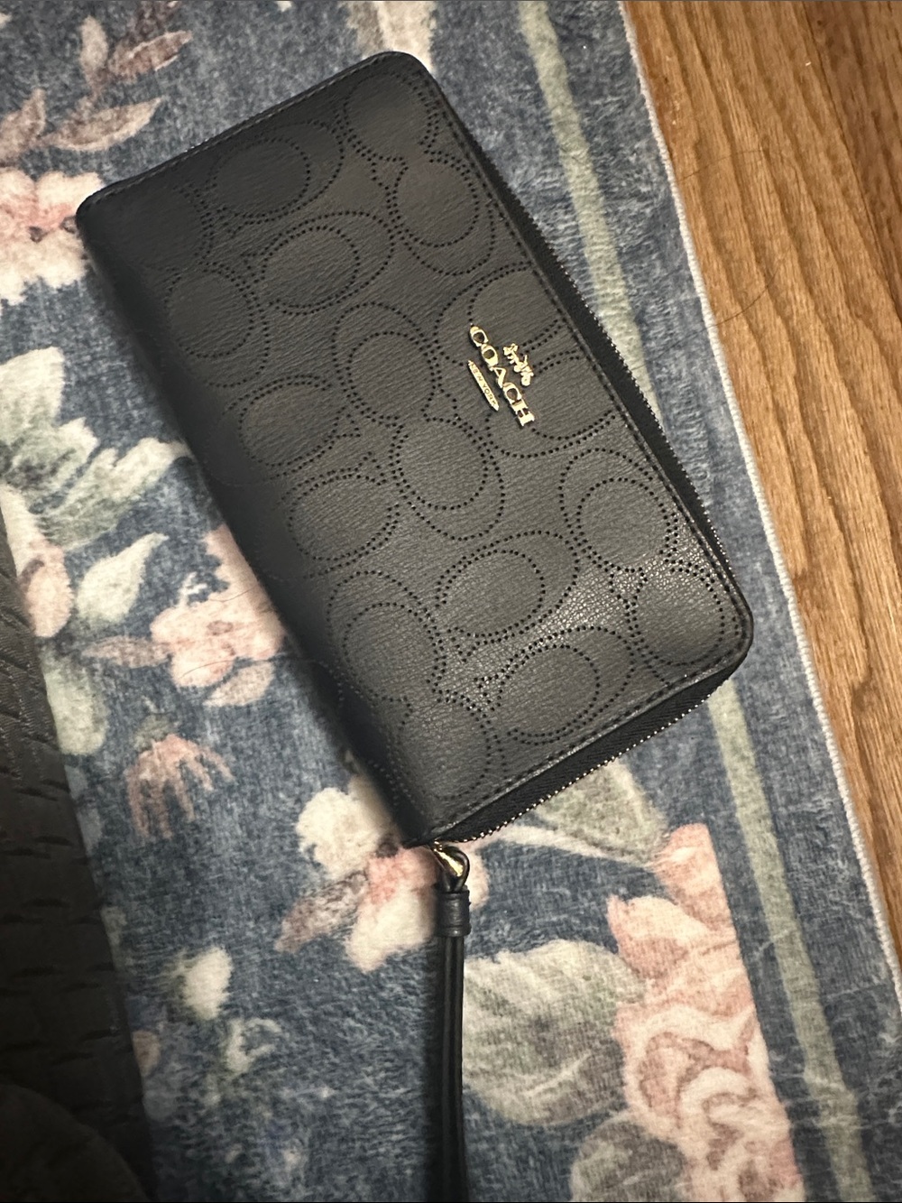 Coach wallet/ wristlet- Perforated Signature logo Navy blue w/ gold accents.